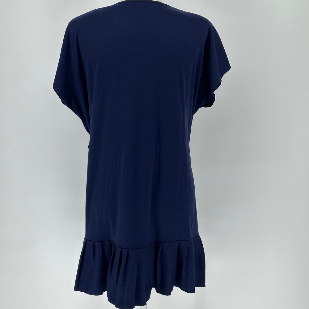 Vtg Navy Blue Wrap Dress Ruffle Hem Short Sleeve Tie Waist V Neck L union made - Picture 4 of 9